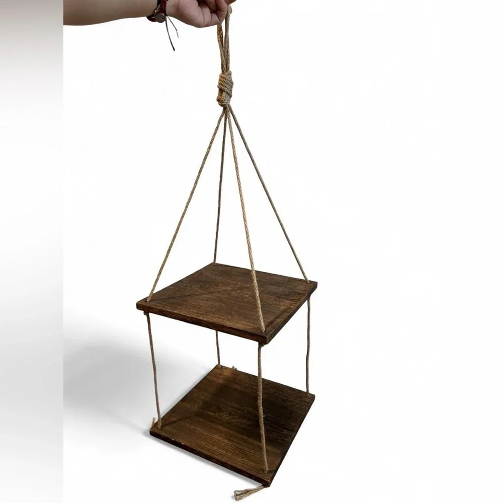 Rustic 2-Tier Boho Hanging Plant Shelf